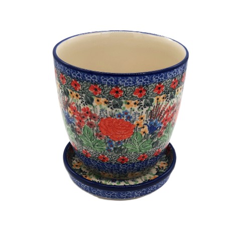 Doniczka ceramiczna Bolesławiec 14,5 cm z podstawką, unikat